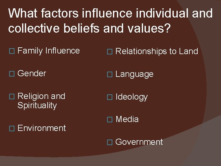 What factors influence individual and collective beliefs and values? � Family Influence � Relationships