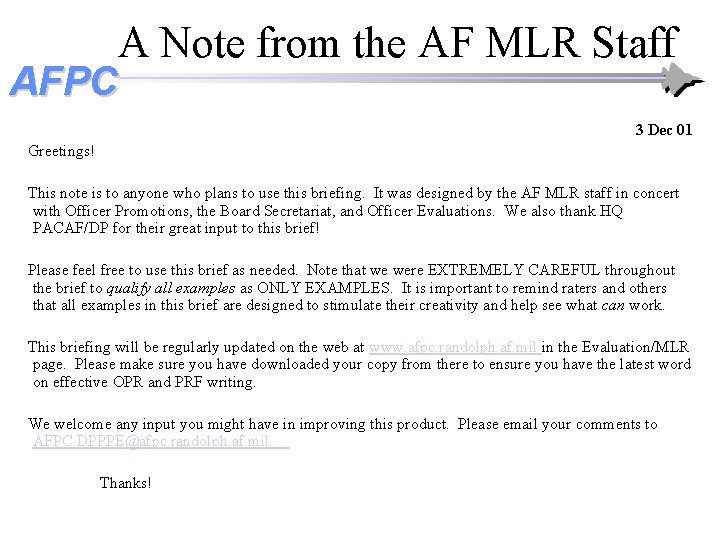 Afp Intelligence Note A Note from the AF MLR Staff AFPC