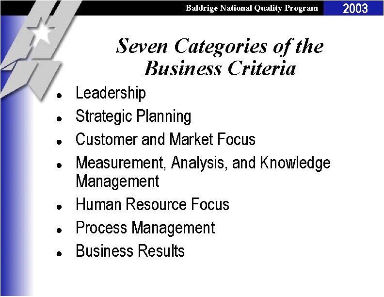 Baldrige National Quality Program Seven Categories of the Business Criteria l l l l