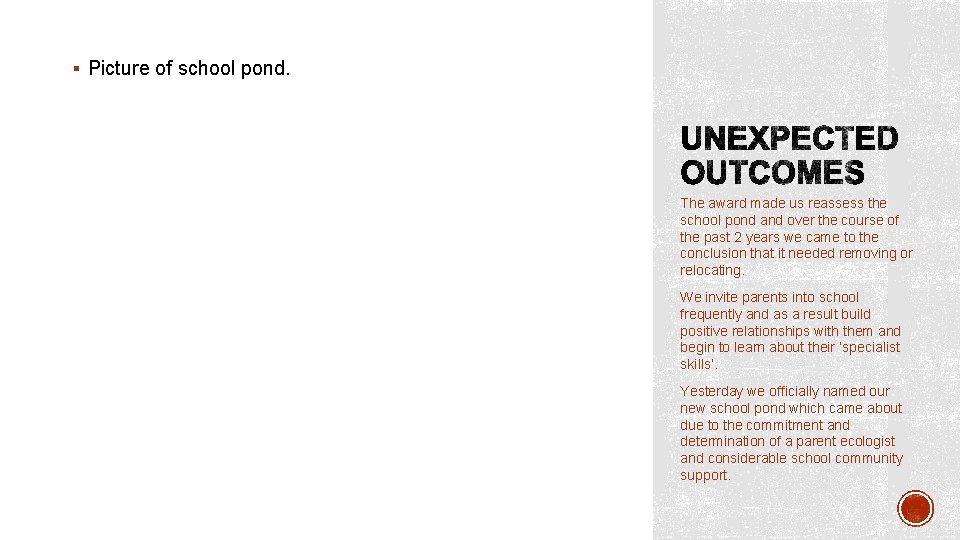 § Picture of school pond. The award made us reassess the school pond and § Picture of school pond. The award made us reassess the school pond and