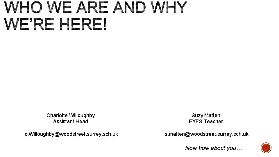Charlotte Willoughby Assistant Head Suzy Matten EYFS Teacher c. Willoughby@woodstreet. surrey. sch. uk s. Charlotte Willoughby Assistant Head Suzy Matten EYFS Teacher c. Willoughby@woodstreet. surrey. sch. uk s.