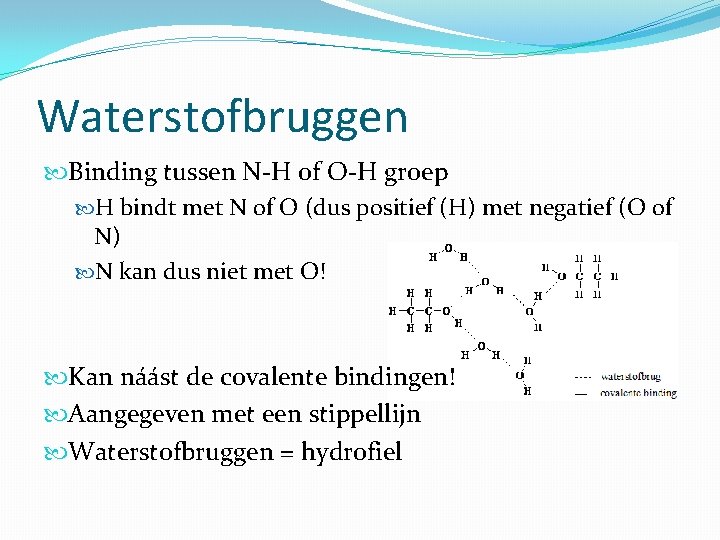 Waterstofbruggen Binding tussen N-H of O-H groep H bindt met N of O (dus