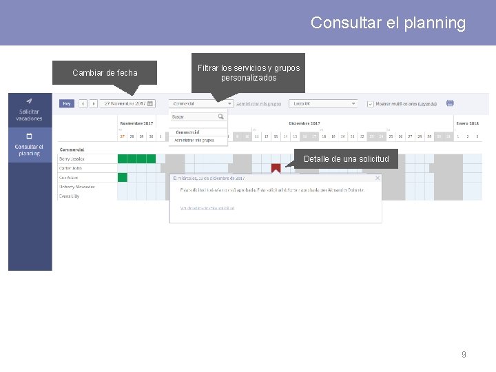 Consultar el planning Cambiar de fecha Filtrar los servicios y grupos personalizados Detalle de