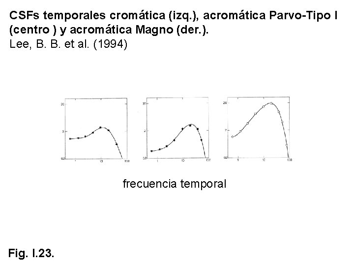 CSFs temporales cromática (izq. ), acromática Parvo-Tipo I (centro ) y acromática Magno (der. CSFs temporales cromática (izq. ), acromática Parvo-Tipo I (centro ) y acromática Magno (der.