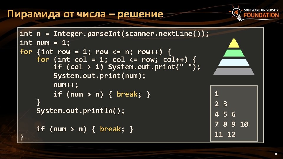 Пирамида от числа – решение int for } n = Integer. parse. Int(scanner. next. Пирамида от числа – решение int for } n = Integer. parse. Int(scanner. next.