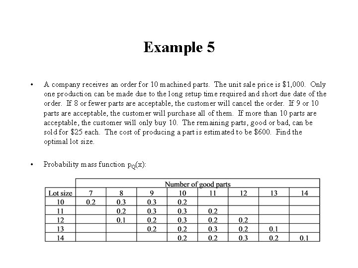 Example 5 • A company receives an order for 10 machined parts. The unit