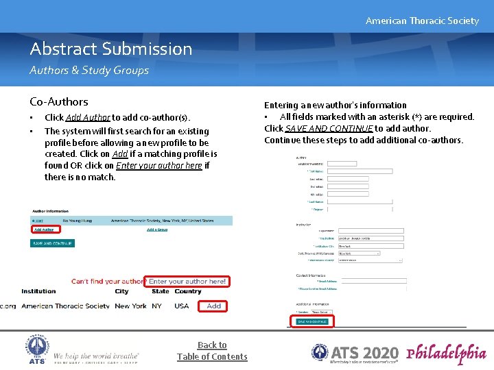 American Thoracic Society Abstract Submission Authors & Study Groups Co-Authors • • Click Add