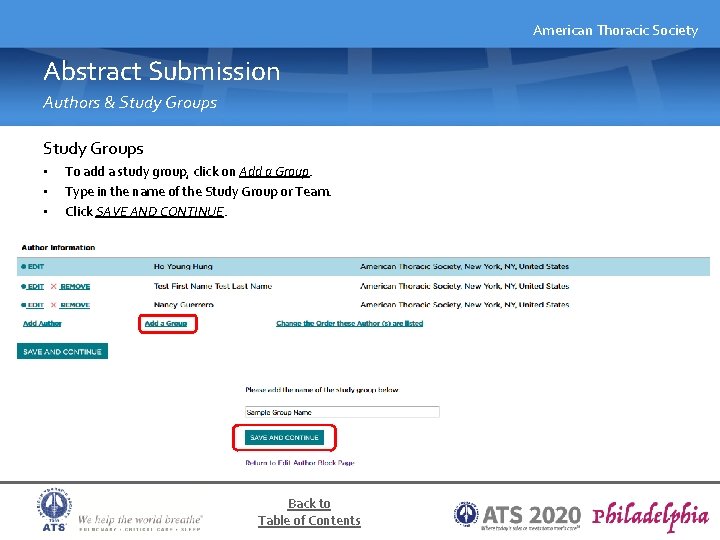 American Thoracic Society Abstract Submission Authors & Study Groups • • • To add