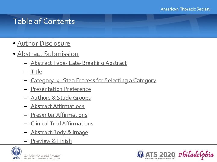American Thoracic Society Table of Contents • Author Disclosure • Abstract Submission – –