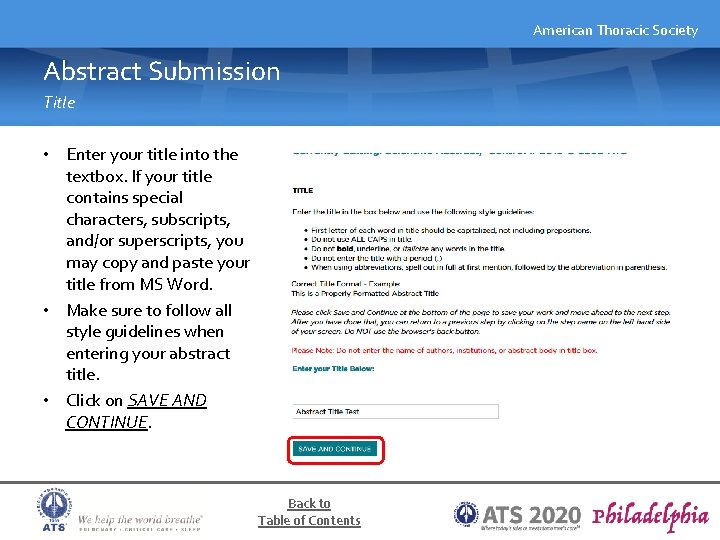 American Thoracic Society Abstract Submission Title • Enter your title into the textbox. If