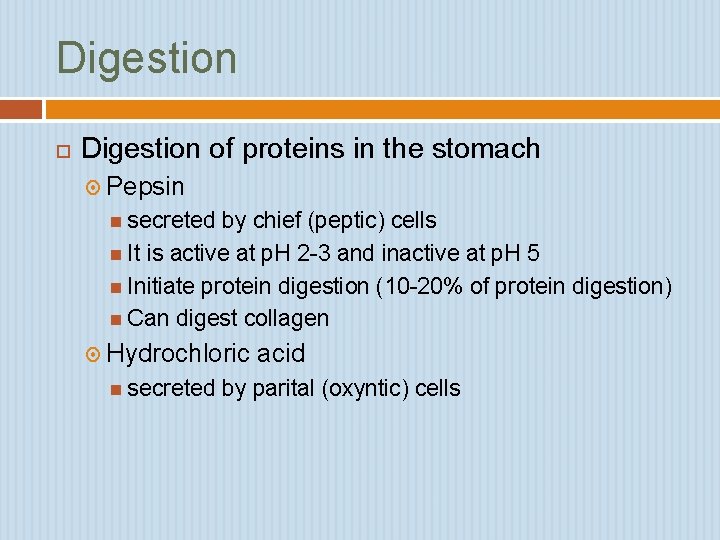 Digestion of proteins in the stomach Pepsin secreted by chief (peptic) cells It is