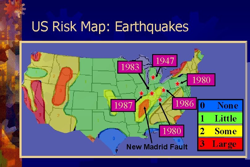 US Risk Map: Earthquakes 1983 1947 1980 1986 0 None 1 Little 2 Some
