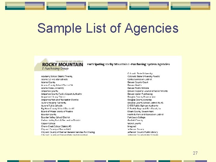 Sample List of Agencies 27 