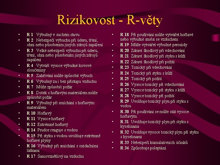 Rizikovost - R-věty • • • • R 1 Výbušný v suchém stavu R