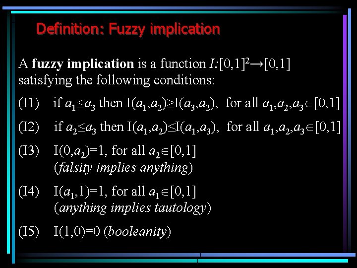 Definition: Fuzzy implication A fuzzy implication is a function I: [0, 1]2→[0, 1] satisfying