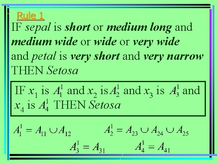 Rule 1 IF sepal is short or medium long and medium wide or very