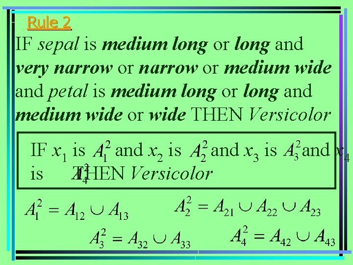 Rule 2 IF sepal is medium long or long and very narrow or medium