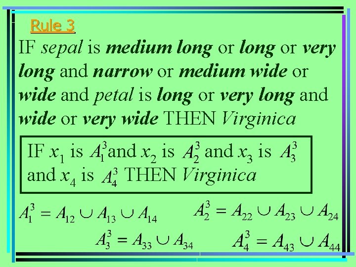 Rule 3 IF sepal is medium long or very long and narrow or medium