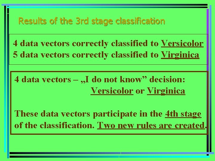Results of the 3 rd stage classification 4 data vectors correctly classified to Versicolor