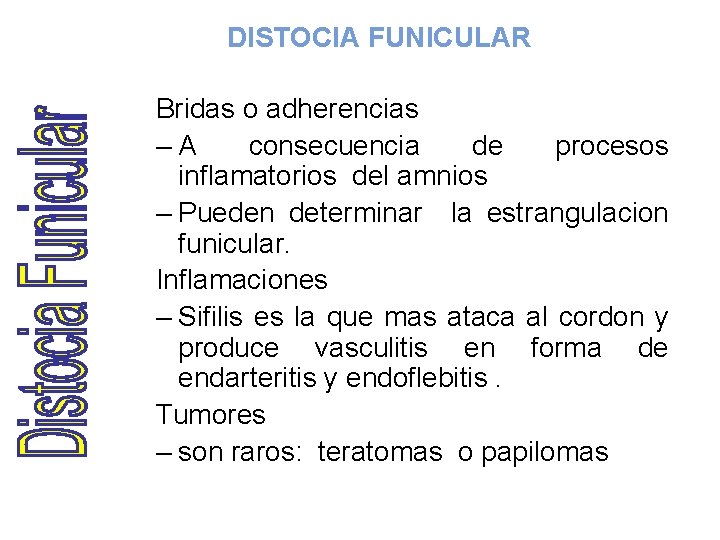 DISTOCIA FUNICULAR Bridas o adherencias –A consecuencia de procesos inflamatorios del amnios – Pueden