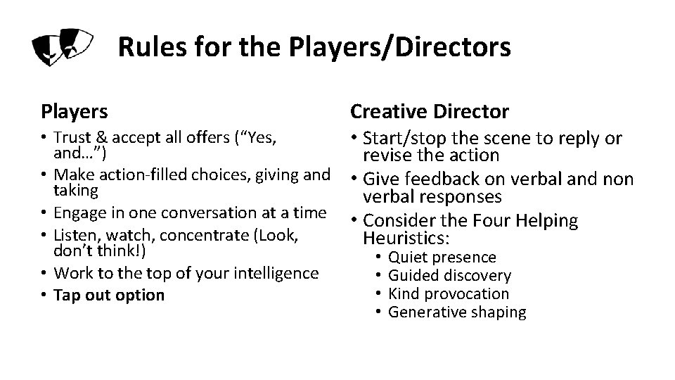 Rules for the Players/Directors Players Creative Director • Trust & accept all offers (“Yes, Rules for the Players/Directors Players Creative Director • Trust & accept all offers (“Yes,