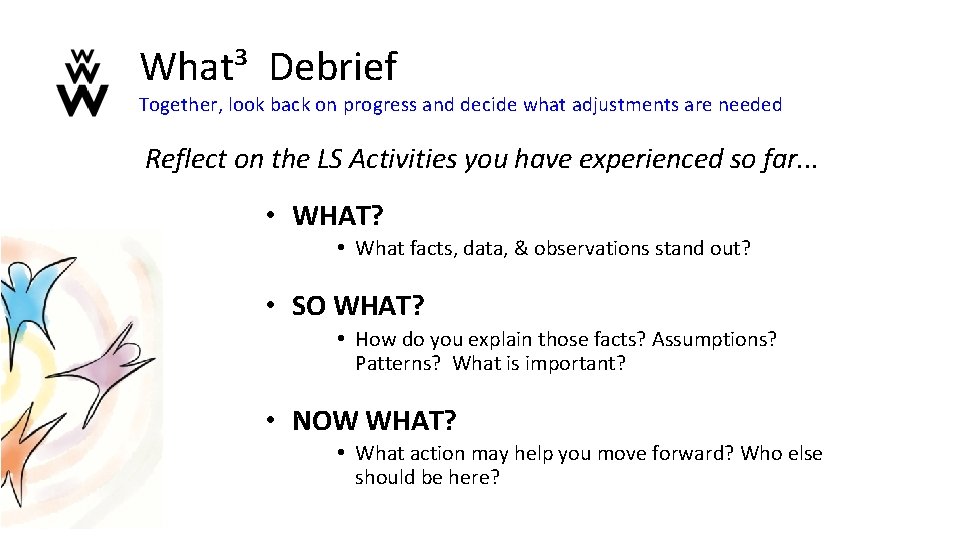 What³ Debrief Together, look back on progress and decide what adjustments are needed Reflect What³ Debrief Together, look back on progress and decide what adjustments are needed Reflect