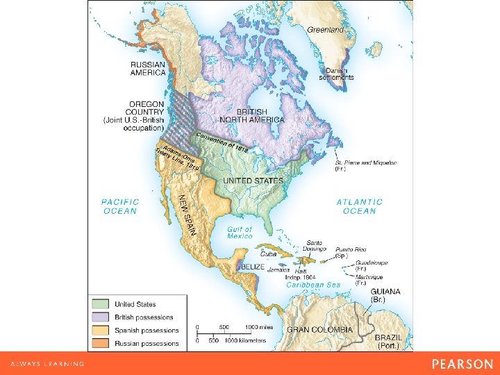 North America, 1819 Treaties with Britain following the War of 1812 setting the border