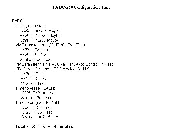 FADC-250 Configuration Time FADC : Config data size: LX 25 =. 97744 Mbytes FX