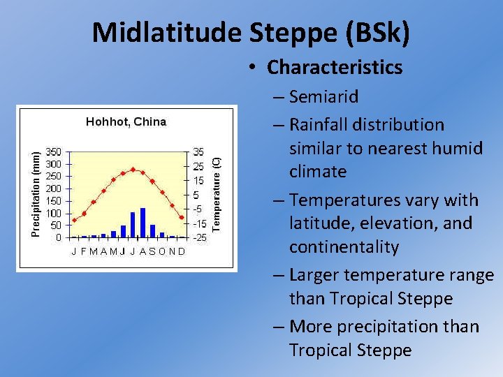 Midlatitude Steppe (BSk) • Characteristics – Semiarid – Rainfall distribution similar to nearest humid