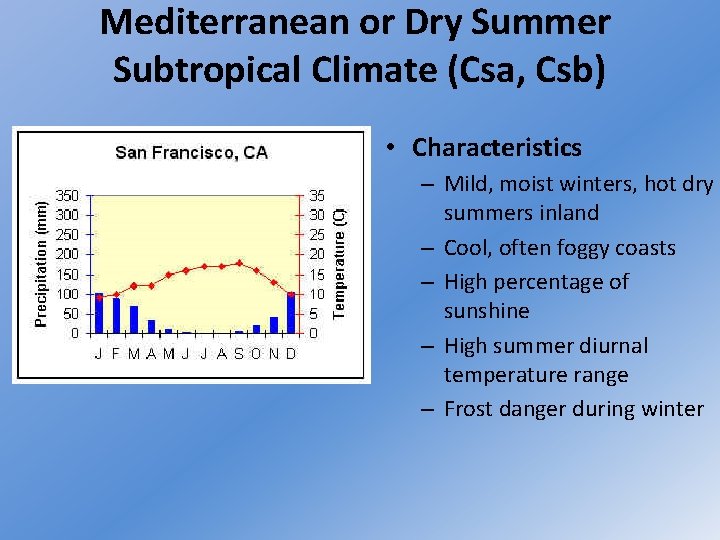 Mediterranean or Dry Summer Subtropical Climate (Csa, Csb) • Characteristics – Mild, moist winters,