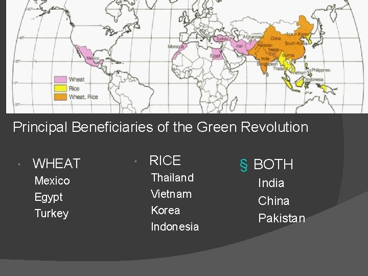 Principal Beneficiaries of the Green Revolution WHEAT Mexico Egypt Turkey RICE Thailand Vietnam Korea