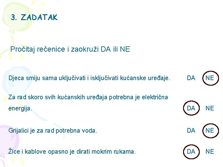 3. ZADATAK Pročitaj rečenice i zaokruži DA ili NE Djeca smiju sama uključivati i