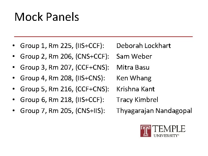 Mock Panels ________________ • • Group 1, Rm 225, (IIS+CCF): Group 2, Rm 206,