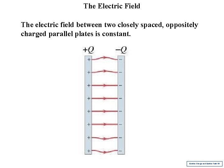 The Electric Field The electric field between two closely spaced, oppositely charged parallel plates The Electric Field The electric field between two closely spaced, oppositely charged parallel plates