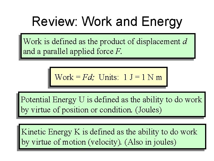 Review: Work and Energy Work is defined as the product of displacement d and Review: Work and Energy Work is defined as the product of displacement d and