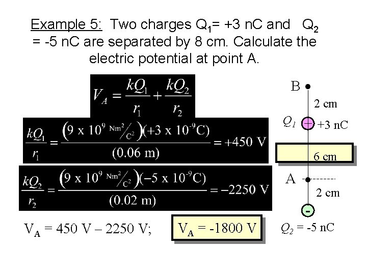 Example 5: Two charges Q 1= +3 n. C and Q 2 = -5 Example 5: Two charges Q 1= +3 n. C and Q 2 = -5