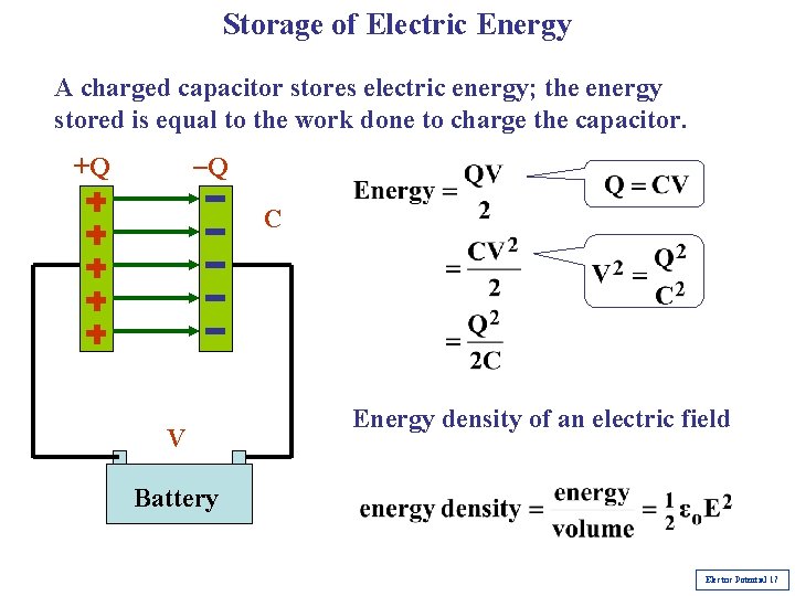Storage of Electric Energy A charged capacitor stores electric energy; the energy stored is Storage of Electric Energy A charged capacitor stores electric energy; the energy stored is