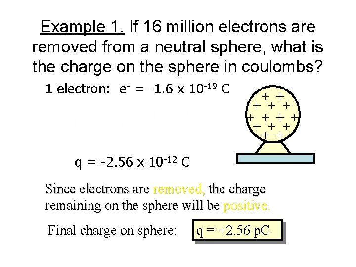 Example 1. If 16 million electrons are removed from a neutral sphere, what is Example 1. If 16 million electrons are removed from a neutral sphere, what is
