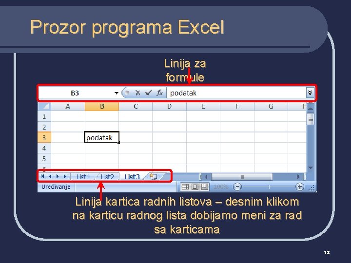Prozor programa Excel Linija za formule Linija kartica radnih listova – desnim klikom na