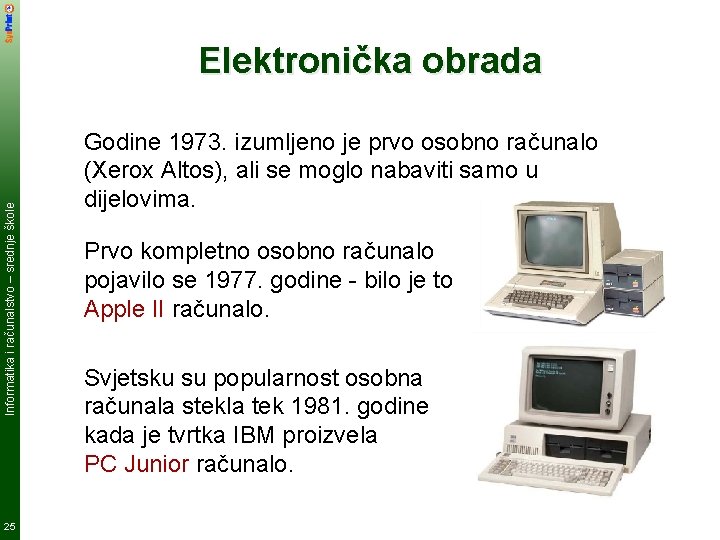 Informatika i računalstvo – srednje škole Elektronička obrada 25 Godine 1973. izumljeno je prvo