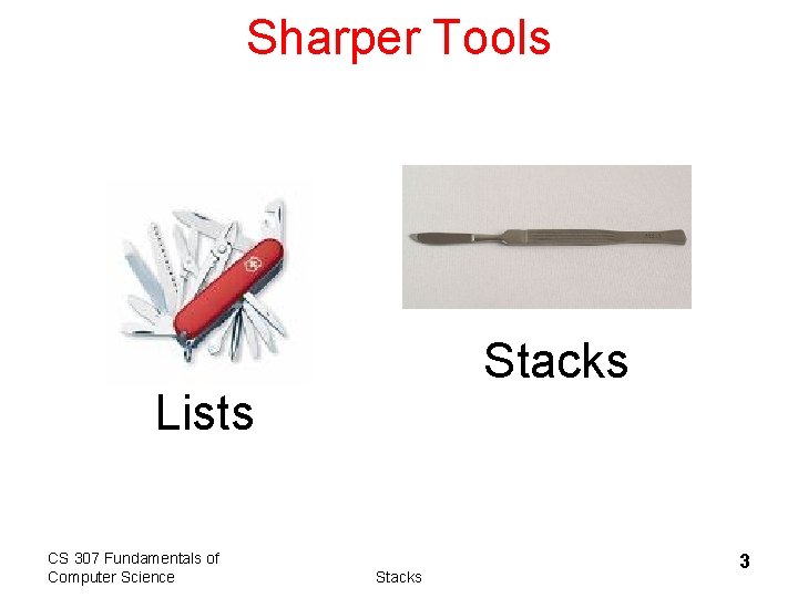 Sharper Tools Stacks Lists CS 307 Fundamentals of Computer Science Stacks 3 