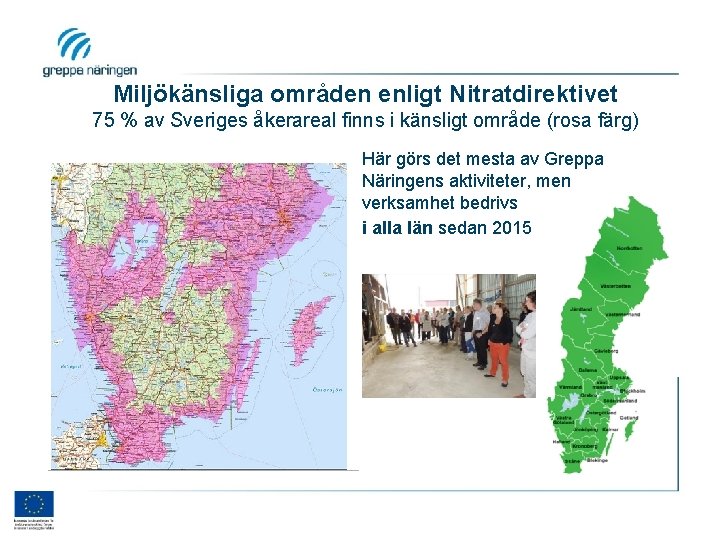 Miljökänsliga områden enligt Nitratdirektivet 75 % av Sveriges åkerareal finns i känsligt område (rosa