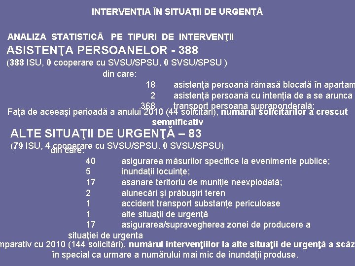 INTERVENŢIA ÎN SITUAŢII DE URGENŢĂ ANALIZA STATISTICĂ PE TIPURI DE INTERVENŢII ASISTENŢA PERSOANELOR -