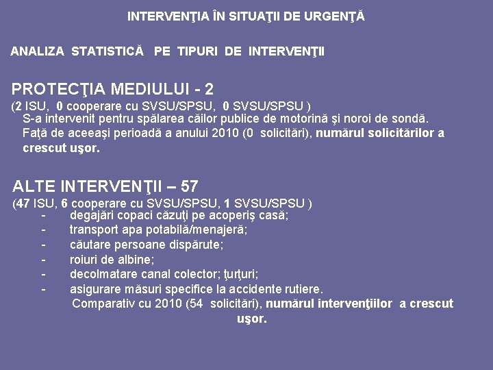 INTERVENŢIA ÎN SITUAŢII DE URGENŢĂ ANALIZA STATISTICĂ PE TIPURI DE INTERVENŢII PROTECŢIA MEDIULUI -