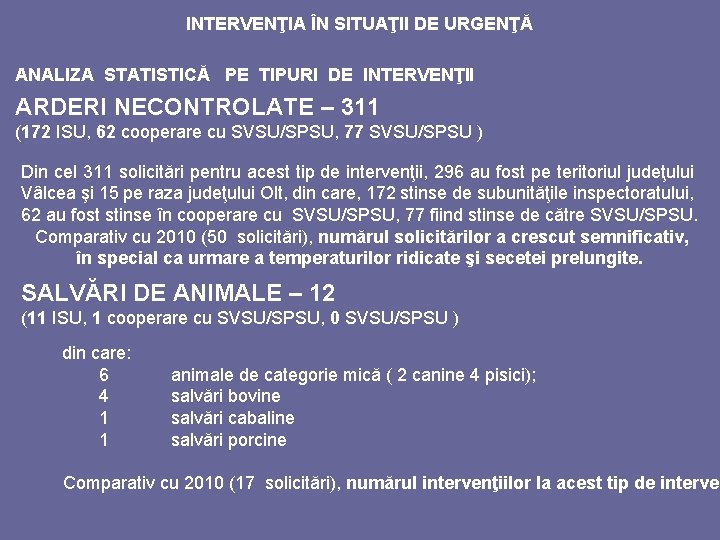 INTERVENŢIA ÎN SITUAŢII DE URGENŢĂ ANALIZA STATISTICĂ PE TIPURI DE INTERVENŢII ARDERI NECONTROLATE –