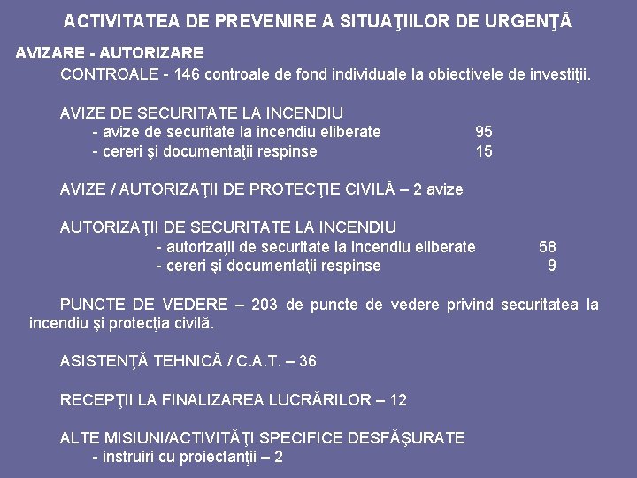 ACTIVITATEA DE PREVENIRE A SITUAŢIILOR DE URGENŢĂ AVIZARE - AUTORIZARE CONTROALE - 146 controale