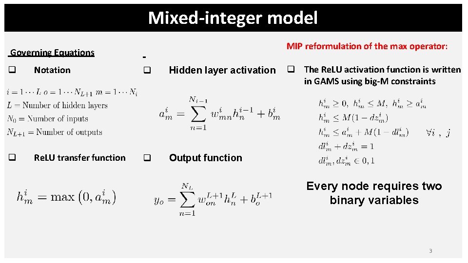 Mixed-integer model MIP reformulation of the max operator: Governing Equations q Notation q Hidden