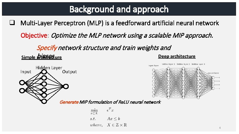 Background approach q Multi-Layer Perceptron (MLP) is a feedforward artificial neural network Objective: Optimize