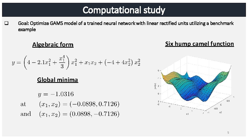 Computational study q Goal: Optimize GAMS model of a trained neural network with linear