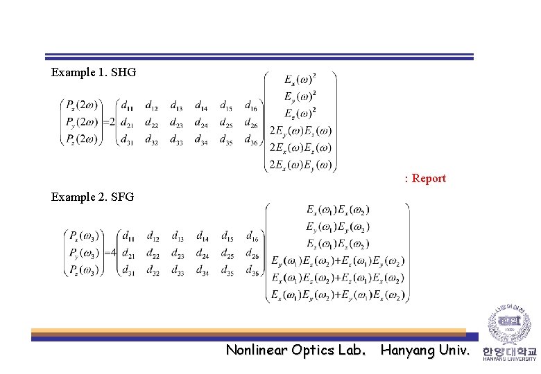 Example 1. SHG : Report Example 2. SFG Nonlinear Optics Lab. Hanyang Univ. 